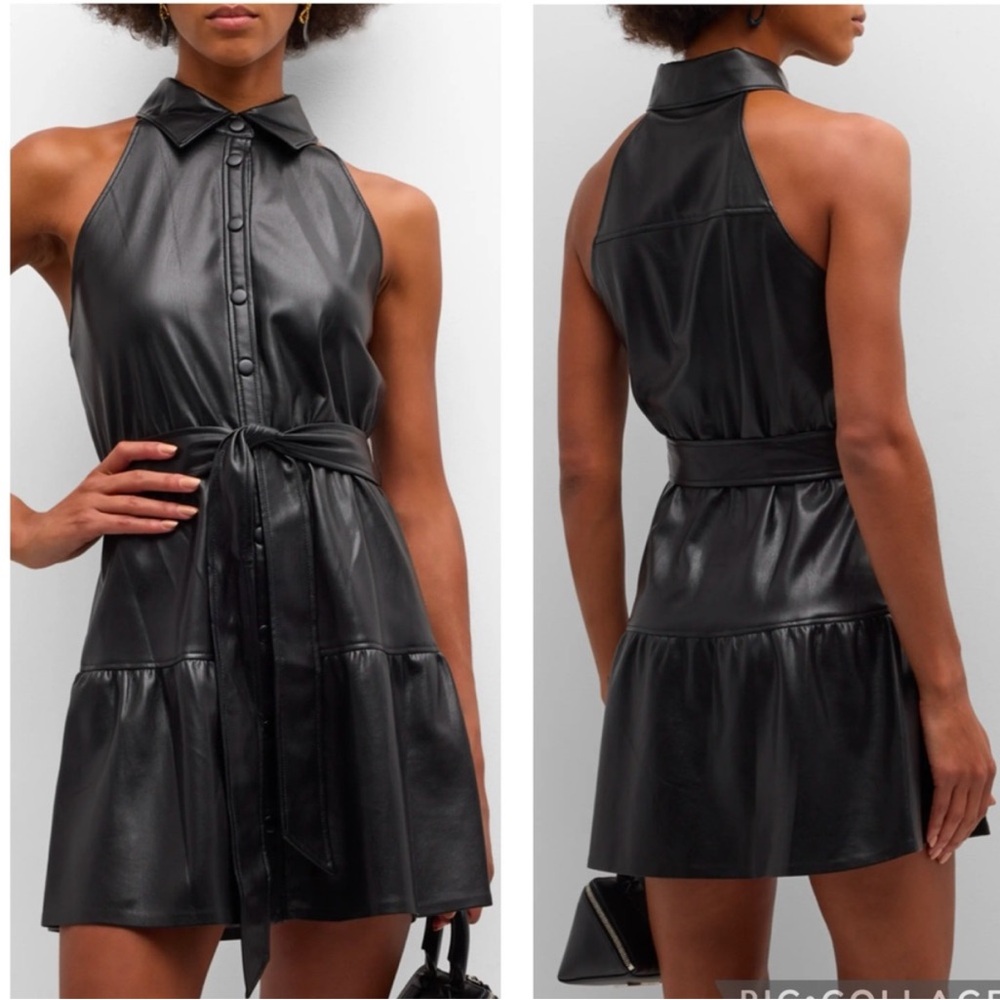 Alice + Olivia Miranda Tiered Vegan Leather Mini Dress Black 4 A